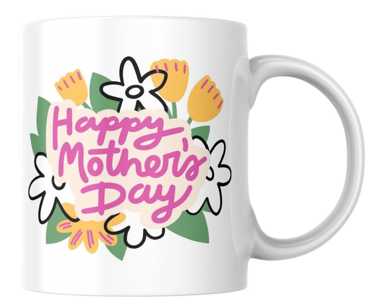 White mug with 'Happy Mother's Day' text and floral designs on a white background