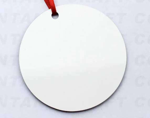 Round white MDF car hanger blank with red ribbon for double-sided sublimation printing