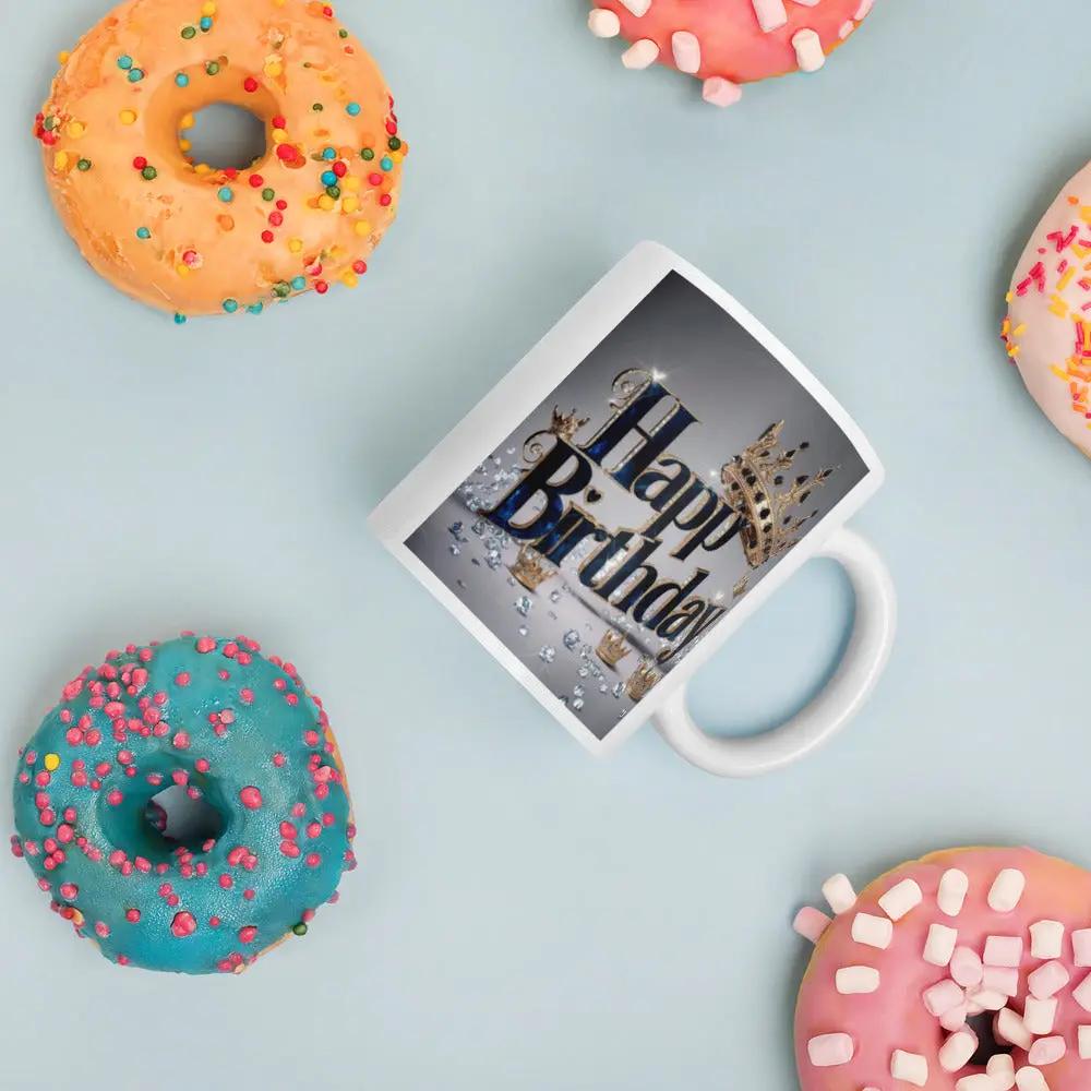 White ceramic birthday mug with custom design