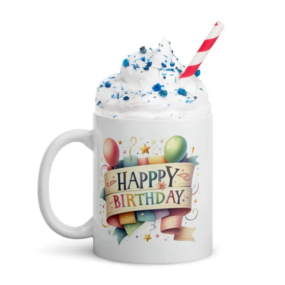 White ceramic birthday mug with custom design