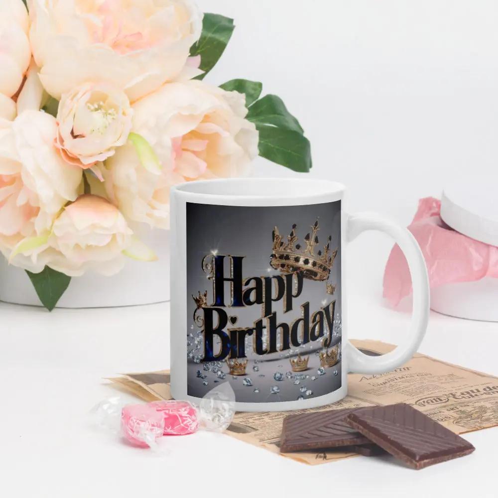 White ceramic birthday mug with custom design