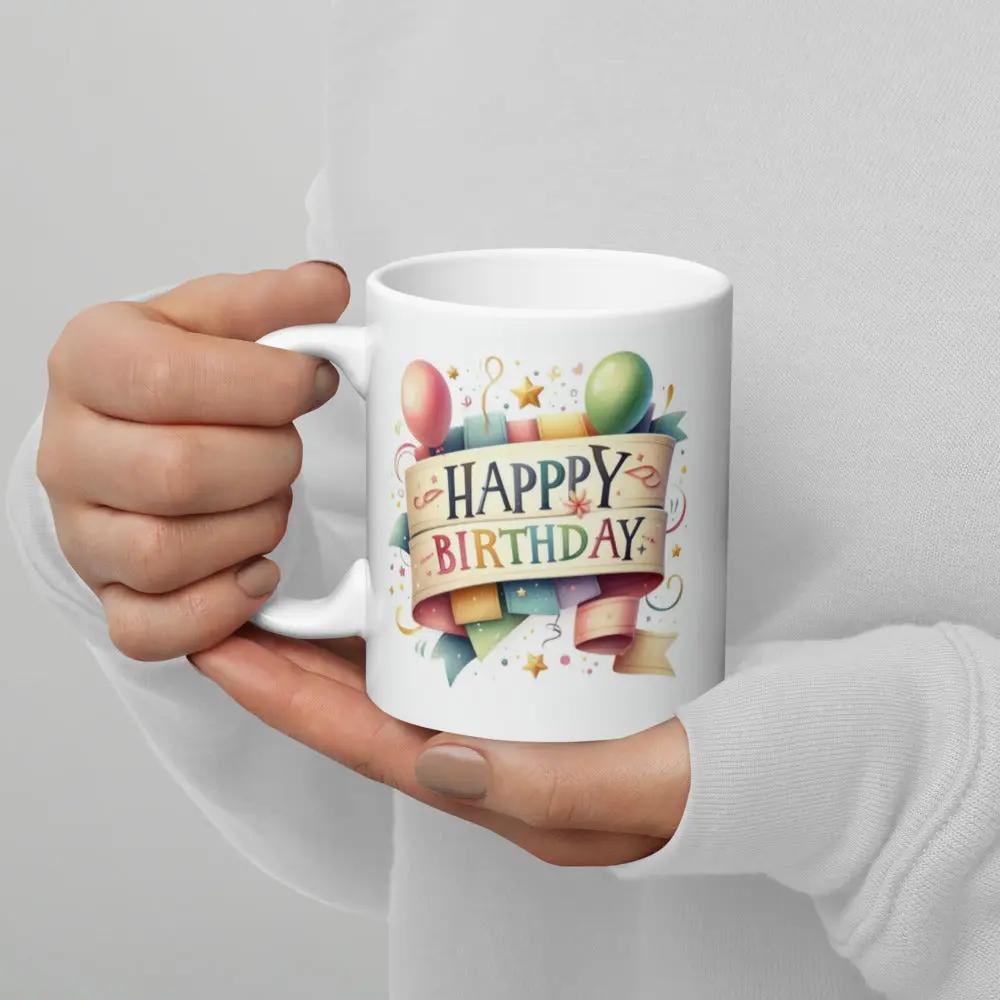 White ceramic birthday mug with custom design