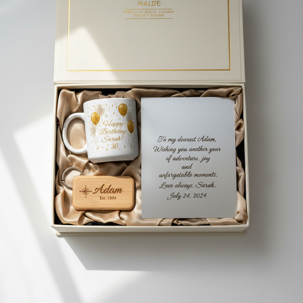 Gift set with mug, card, and wooden box in a decorative box