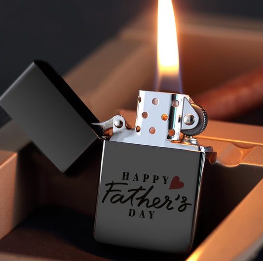 Lighter with 'Happy Father's Day' text and heart symbol, ignited.