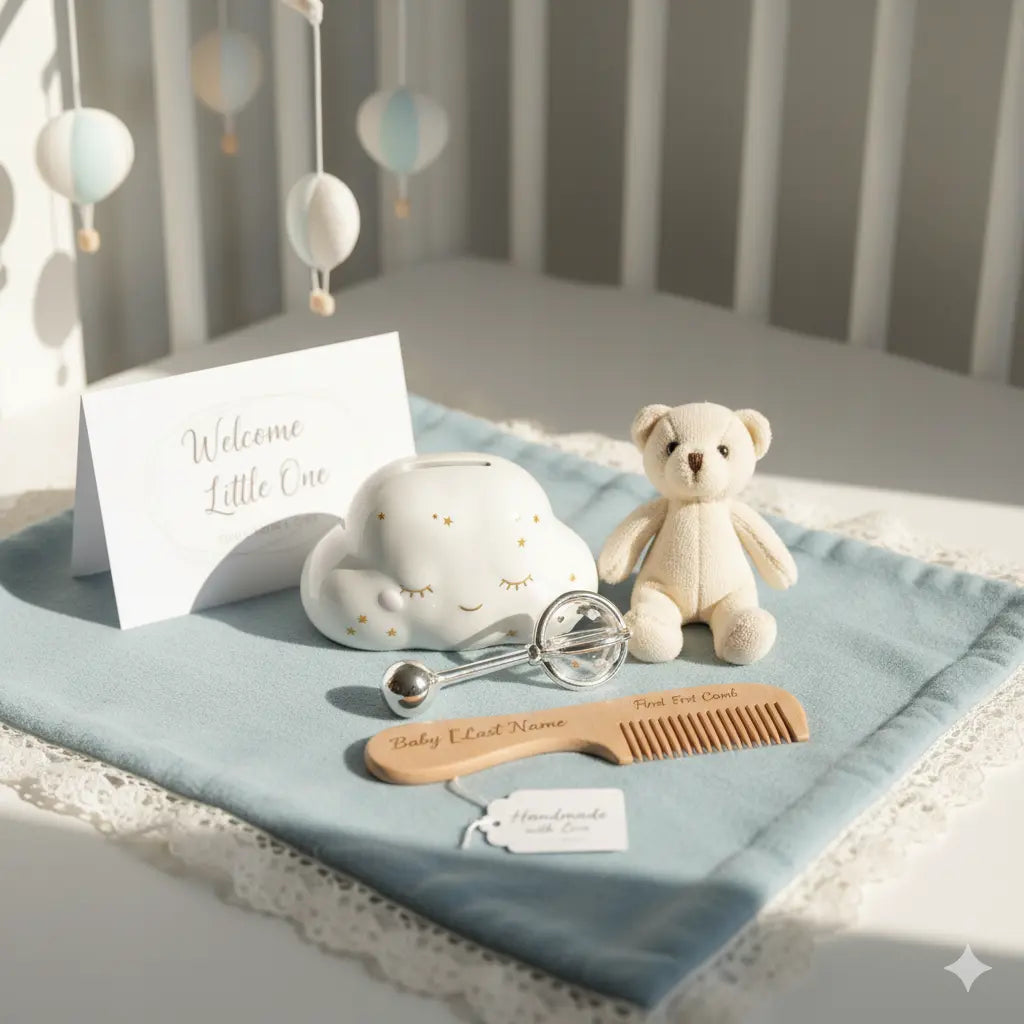 Handcrafted wooden baby comb with dried flowers and personalized tag