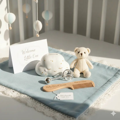 Handcrafted wooden baby comb with dried flowers and personalized tag