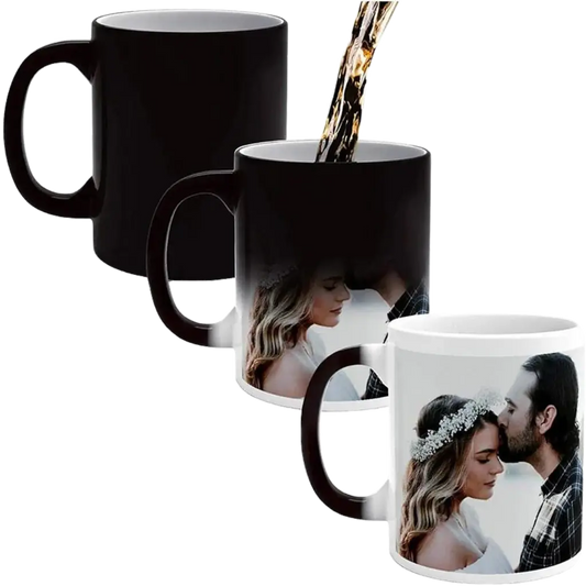 Black magic mug revealing colorful hidden design with hot beverage