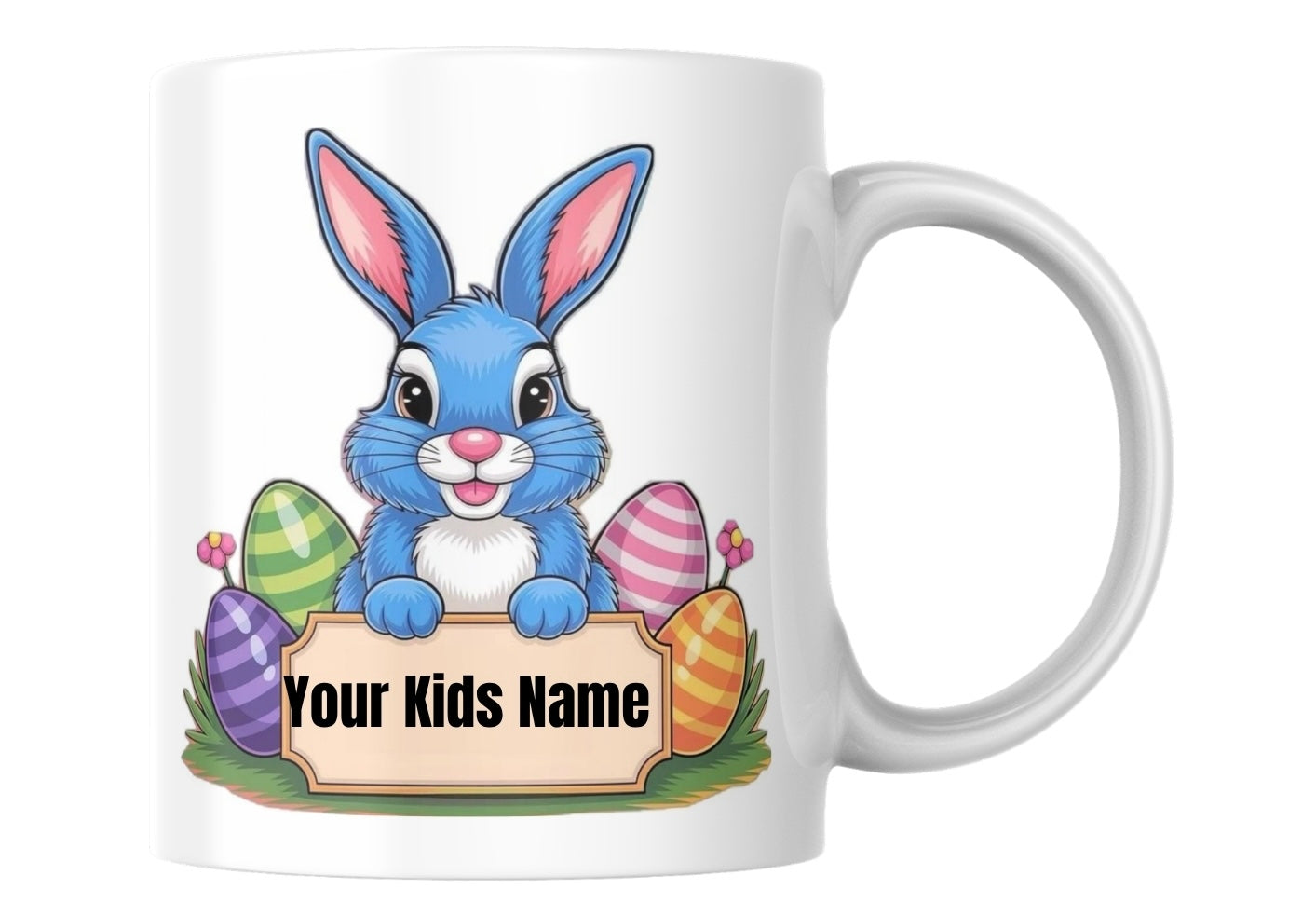 White mug with a blue bunny design and customizable name on a white background