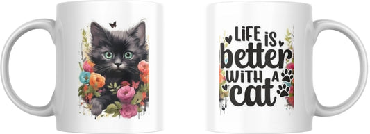 Two white mugs with cat-themed designs on a white background