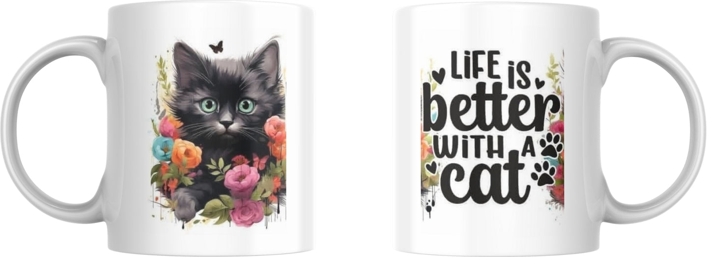 Two white mugs with cat-themed designs on a white background