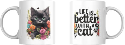 Two white mugs with cat-themed designs on a white background