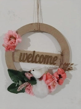 Custom wooden welcome door hanger with business branding