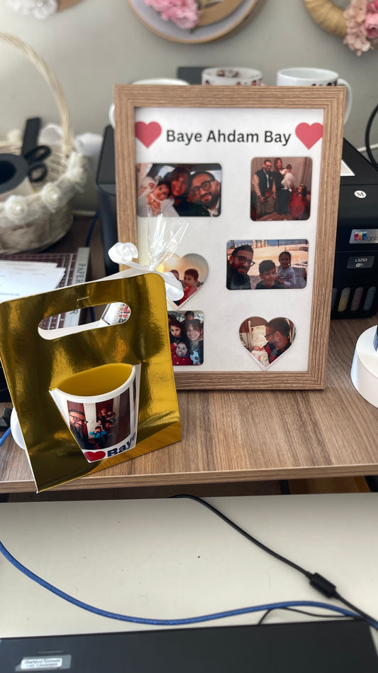 Decorative photo collage with heart shapes and a mug with printed design on a wooden surface.