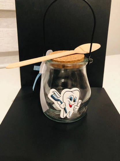 Glass tooth fairy keepsake jar for baby’s first tooth