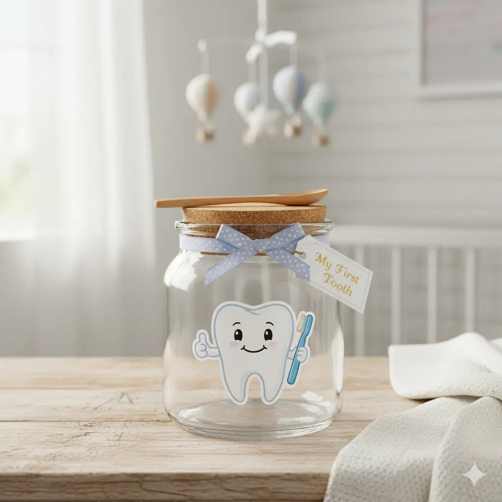 Glass tooth fairy keepsake jar for baby’s first tooth