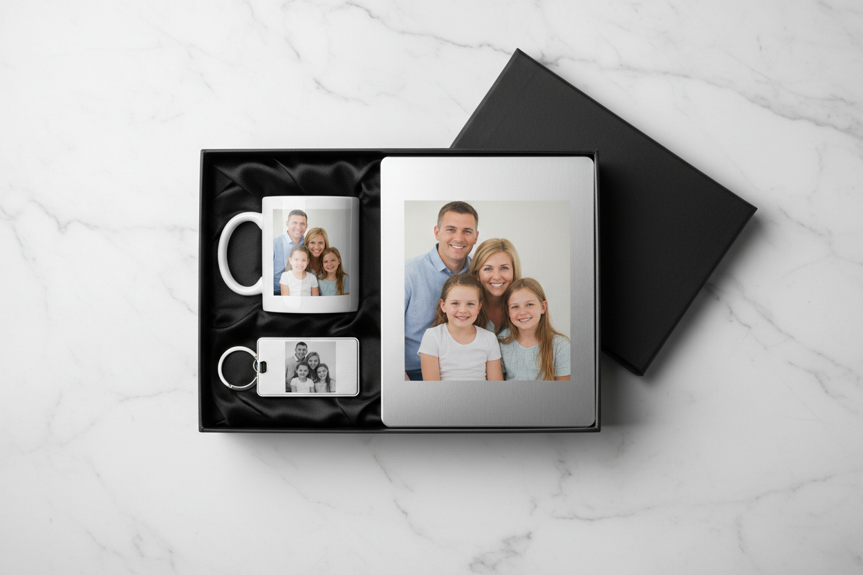 Gift set with mug, keychain, and photo album on a marble surface