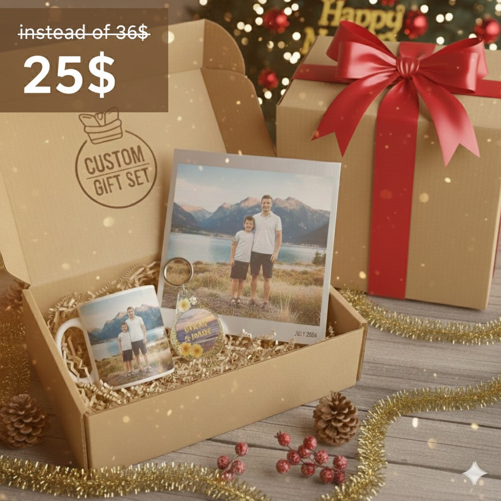 Custom gift set with photo mug, photo print, and decorative items on a wooden surface with Christmas decorations.