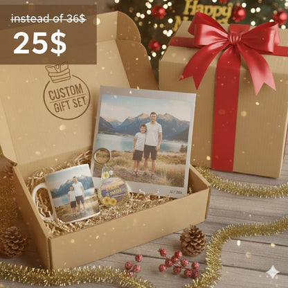 Custom gift set with photo mug, photo print, and decorative items on a wooden surface with Christmas decorations.