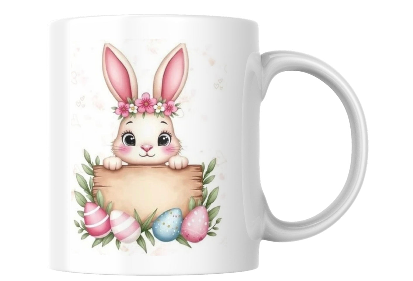 White mug with a bunny design holding Easter eggs on a white background