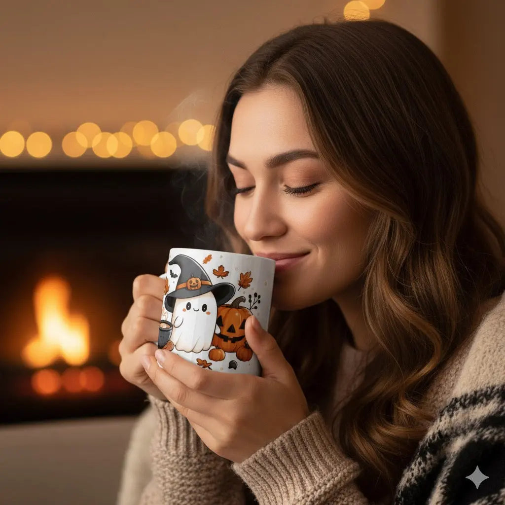 Halloween mug with pumpkin and ghost design