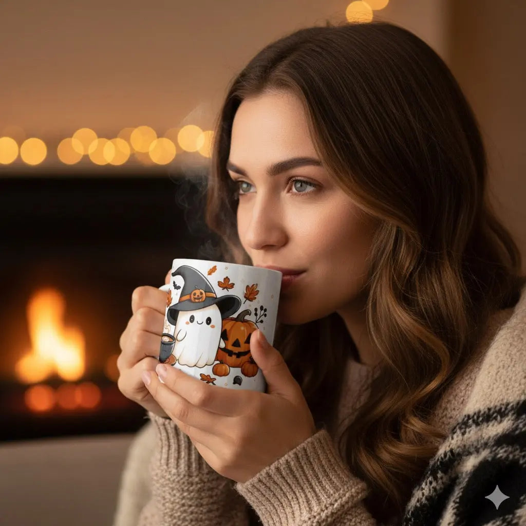 Halloween mug with pumpkin and ghost design