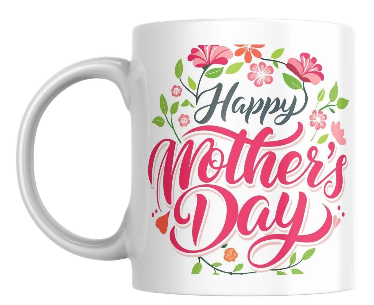 White mug with 'Happy Mother's Day' text and floral design on a white background