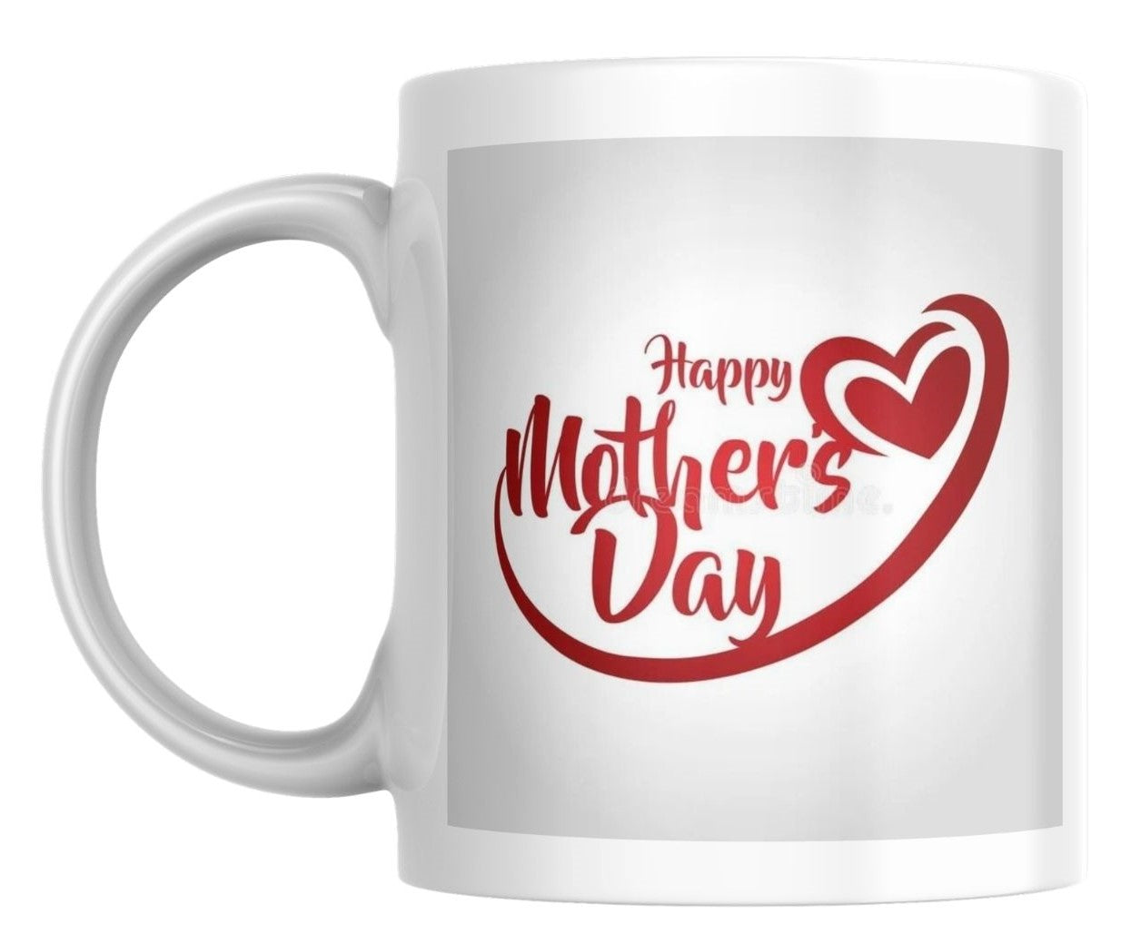 White mug with 'Happy Mother's Day' in red text on a white background