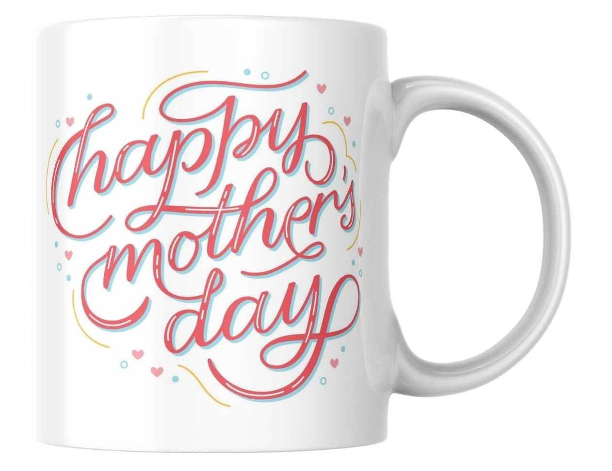 White mug with 'Happy Mother's Day' text in red on a white background