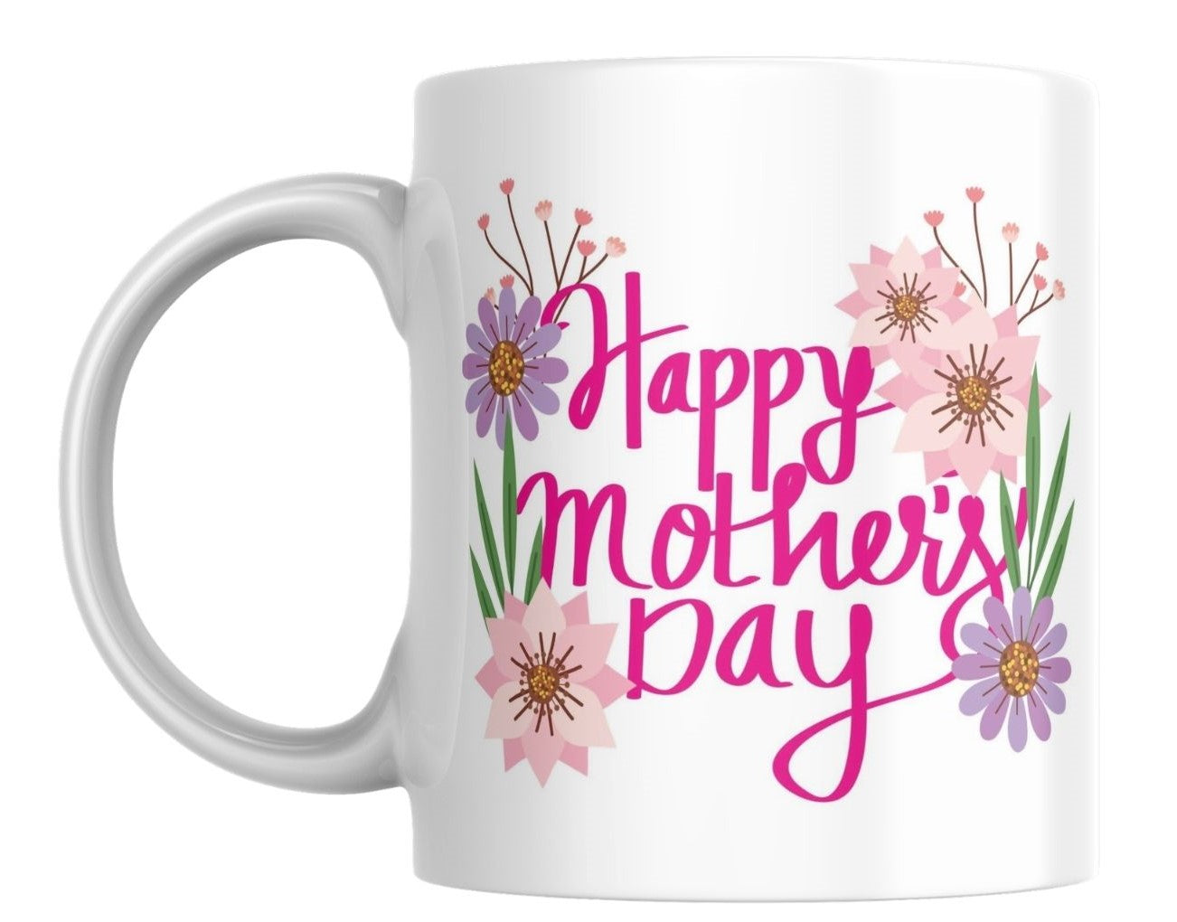 White mug with 'Happy Mother's Day' text and floral designs on a white background