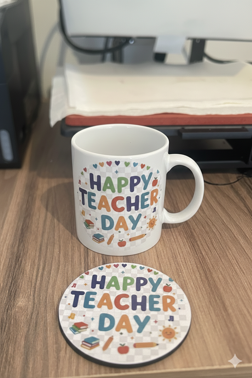 White mug and coaster with 'Happy Teacher Day' design