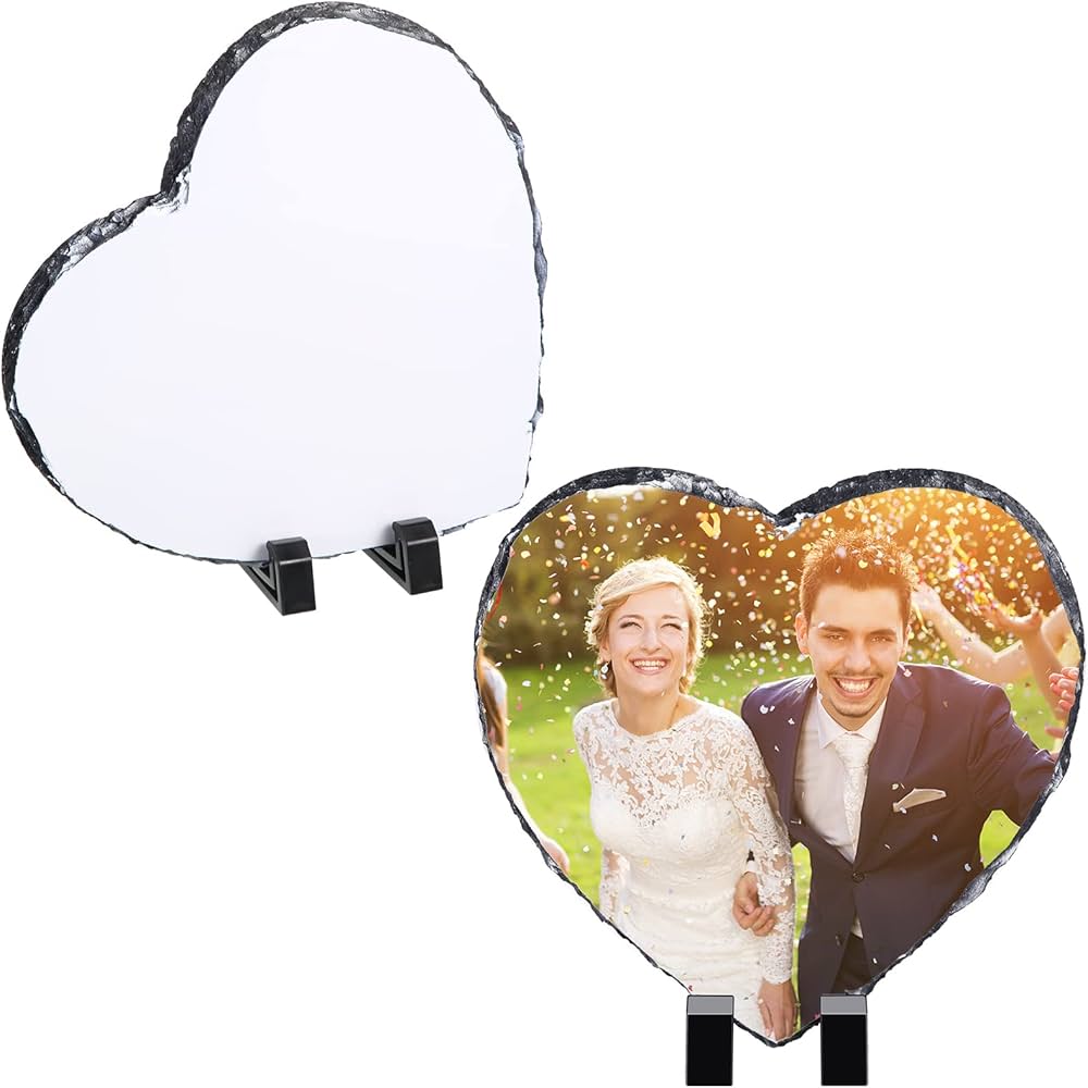 Heart-shaped photo stand with a couple on a white background