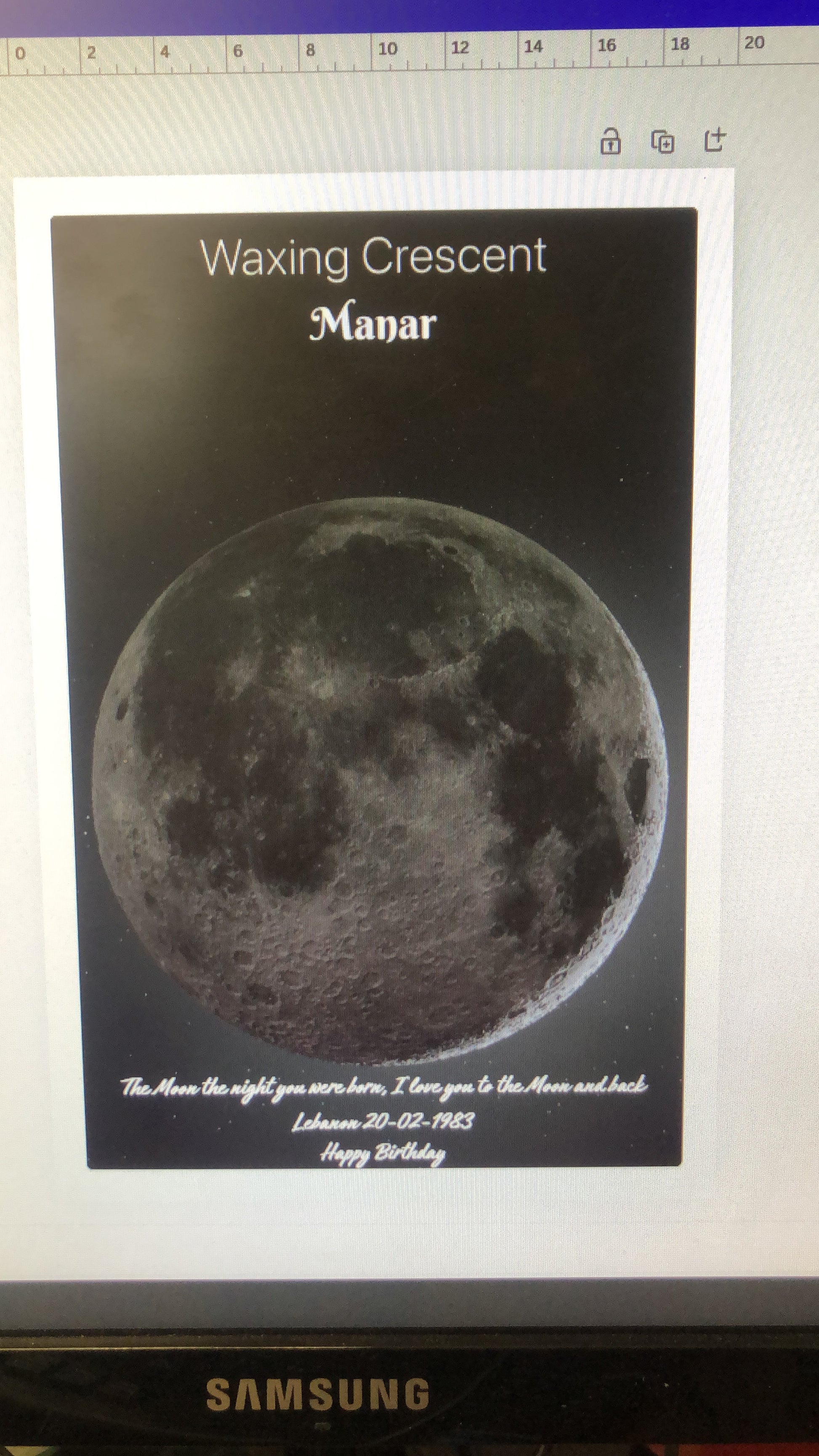 Card with image of the moon labeled 'Waxing Crescent Moon' on a white background.