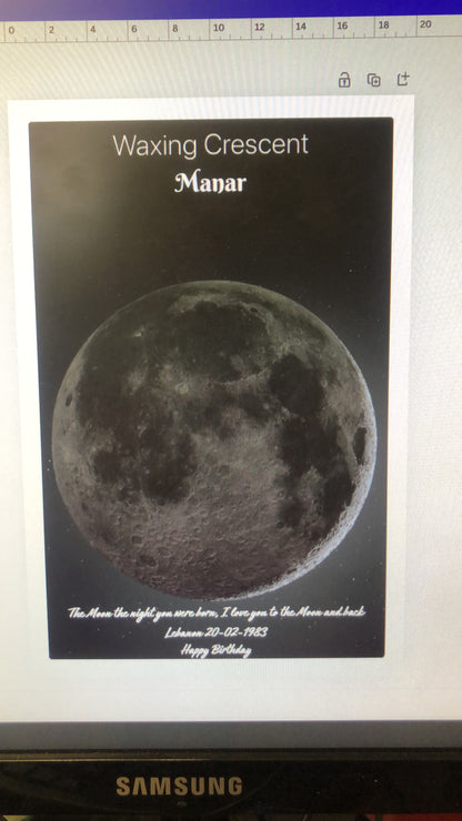 Card with image of the moon labeled 'Waxing Crescent Moon' on a white background.
