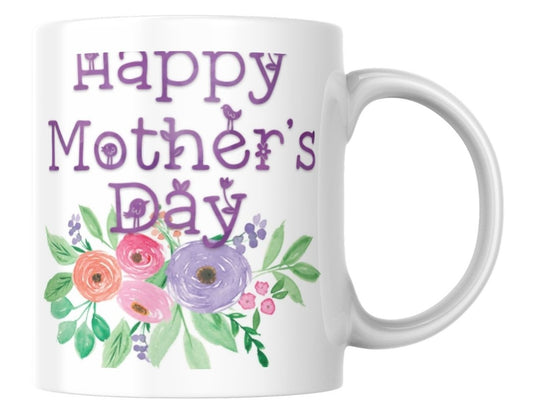 White mug with 'Happy Mother's Day' text and floral design on a white background