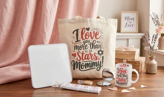 Tote bag, mug, and other items with 'I love you more than all the stars, Mommy!' text on a wooden surface.