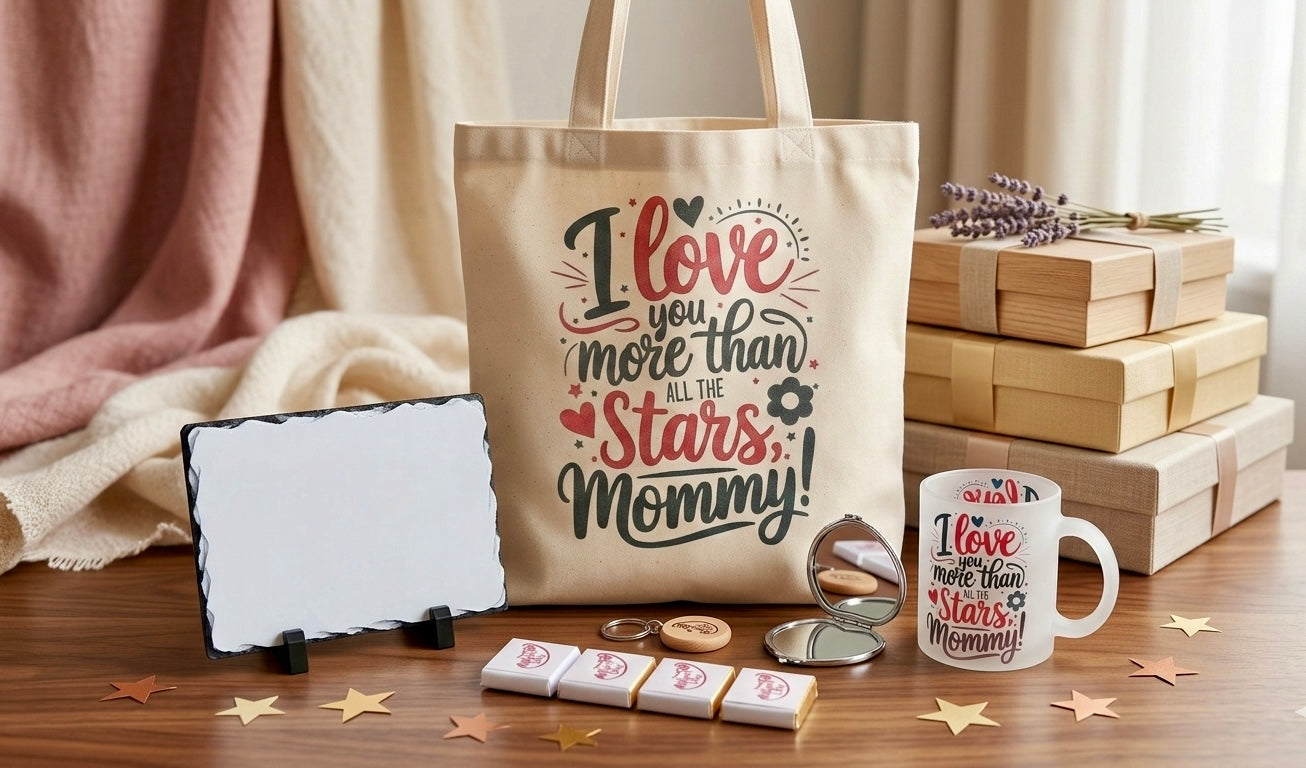 Tote bag and mug with 'I love you more than all the stars, Mommy' text on a wooden surface with decorative items.