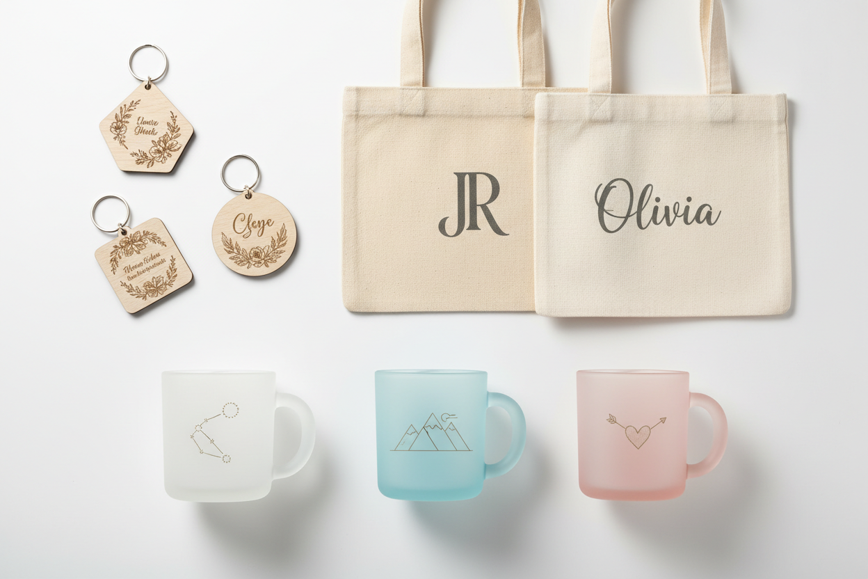 Personalized tote bags, mugs, and keychains with engraved designs on a light background