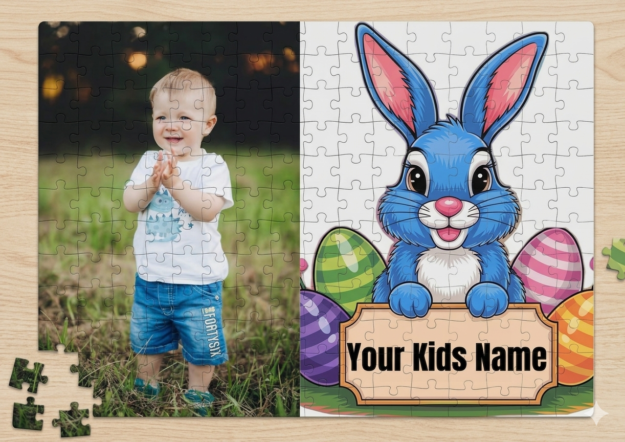 Jigsaw puzzle with a photo of a child and a Easter-themed puzzle piece.
