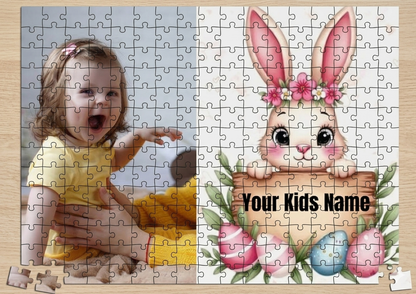 Personalized puzzle with a child and a rabbit design, ready to be completed.