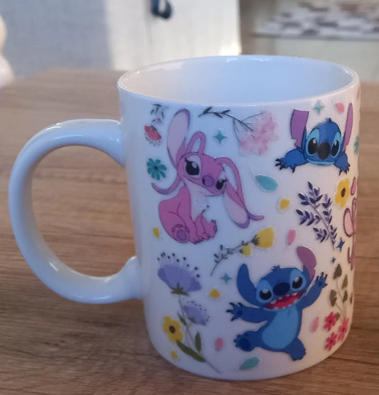 Stitch mug with colorful Disney character design