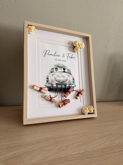 Personalized wedding shadow box frame with couple names, wedding date, vintage wedding car, flowers, and scroll details