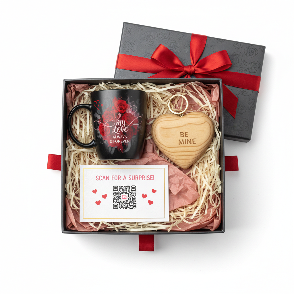 valentine box magic mug + wood heart keychain + qr code