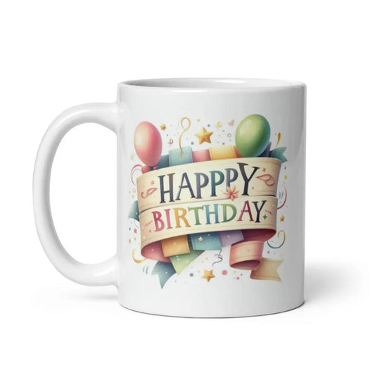 White ceramic birthday mug with custom design