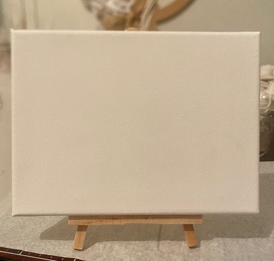 Blank canvas 20x20 with a small wooden easel against a neutral background