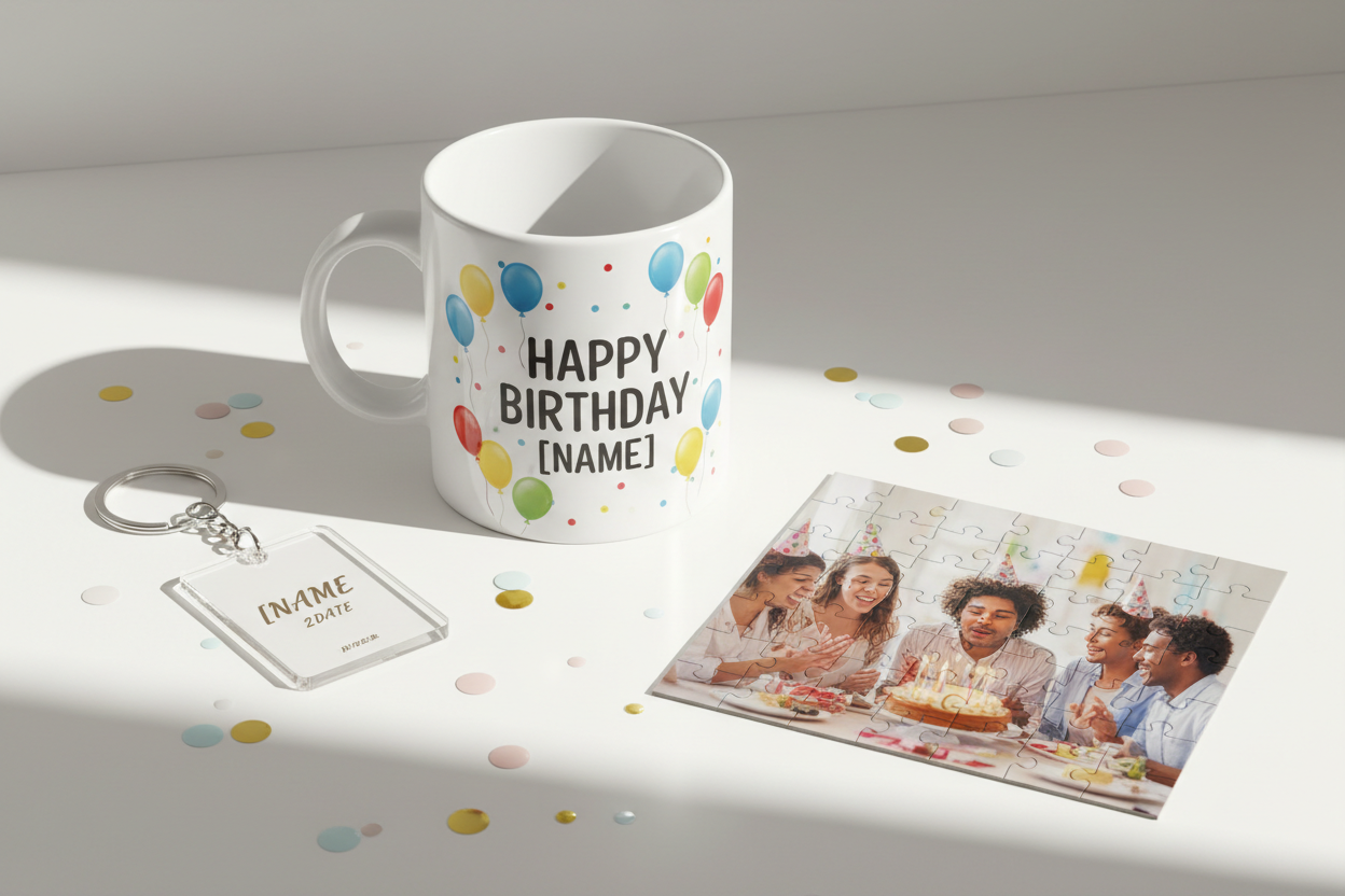 White mug with 'Happy Birthday [Name]' text, key chain, and photo on a Puzzel.