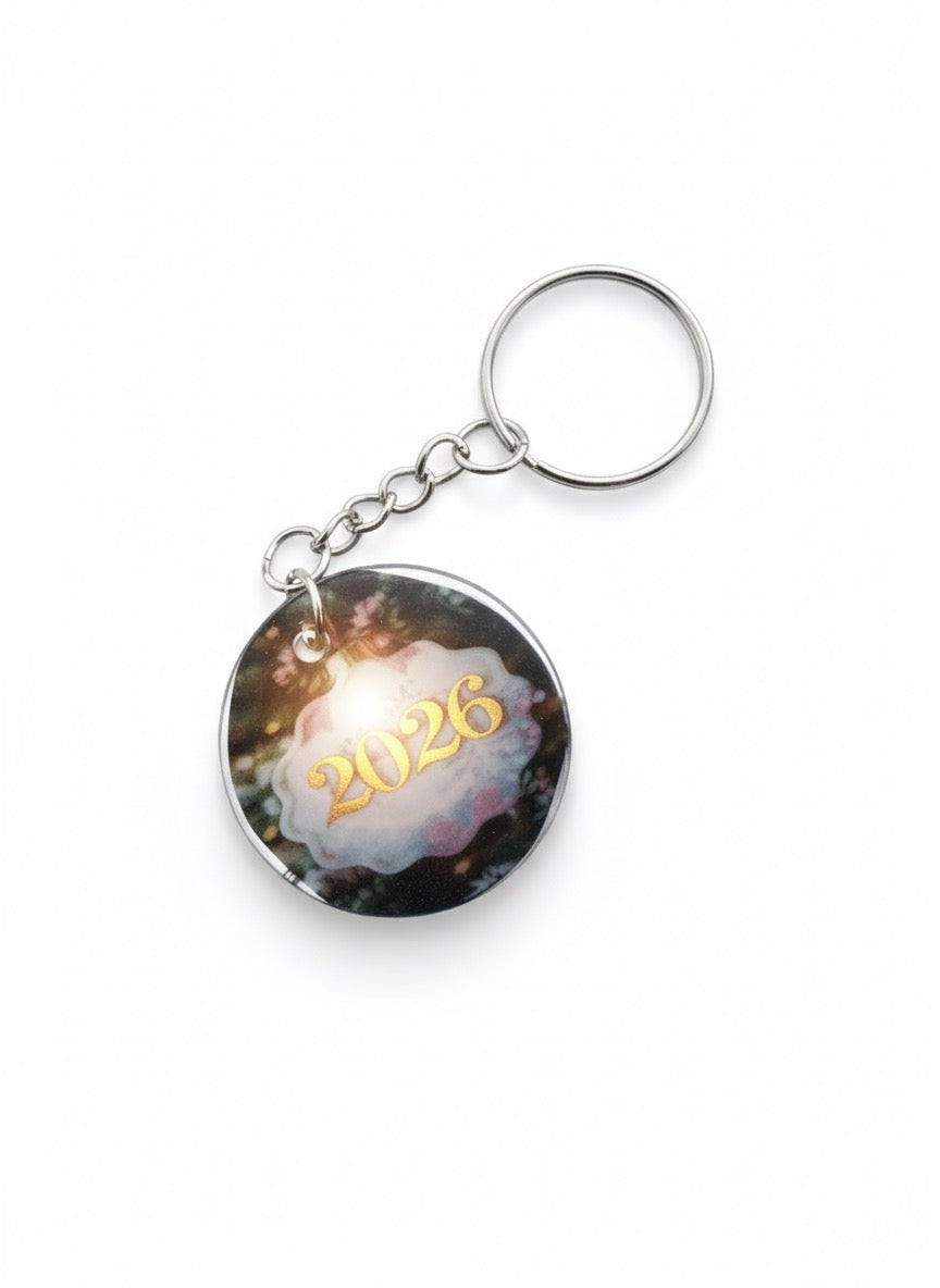Keychain with '2026' printed on a cosmic background