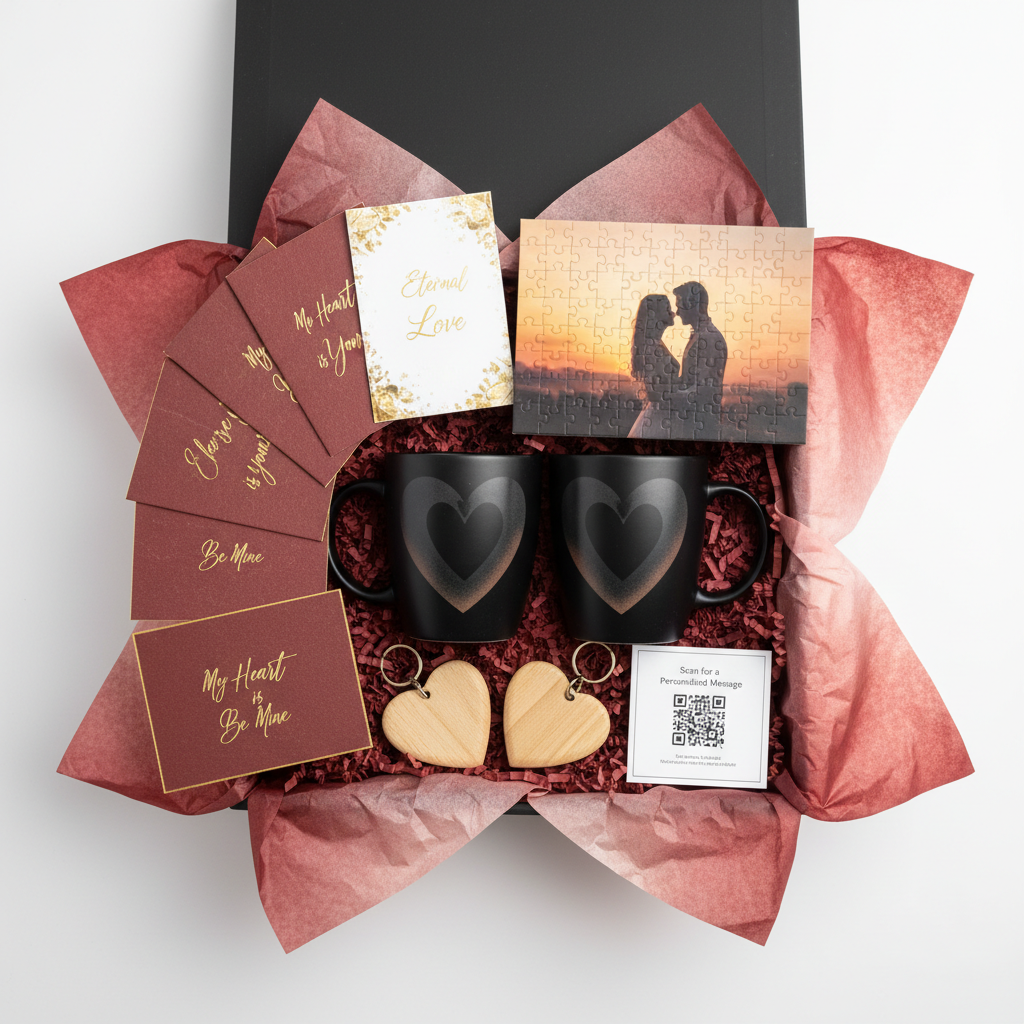 valentine box contain 2x Magic Mug + Puzzle Photo + 5x Cards + 2x wood heart Keychain + QR