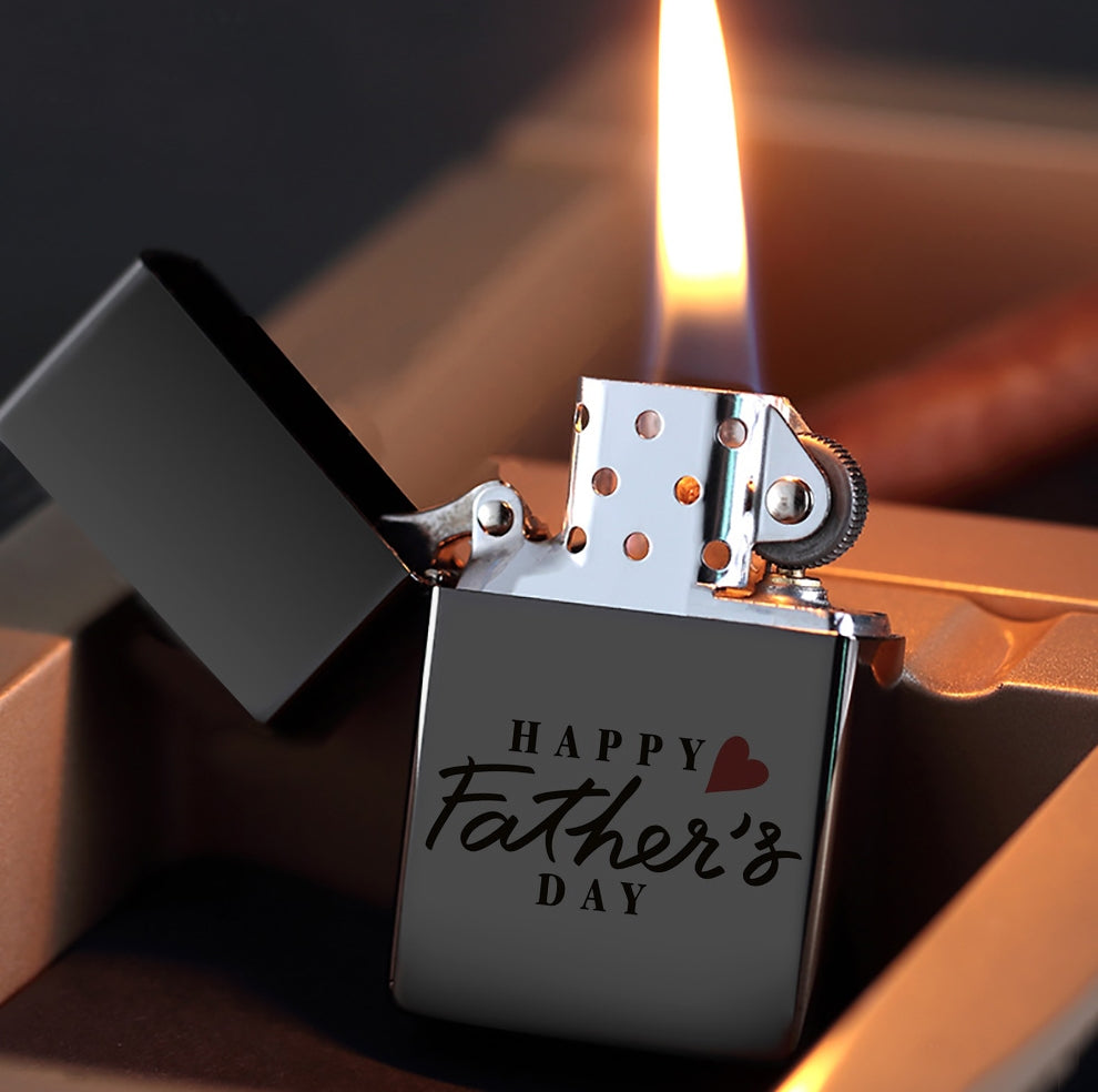 Lighter with 'Happy Father's Day' text and heart symbol, ignited.